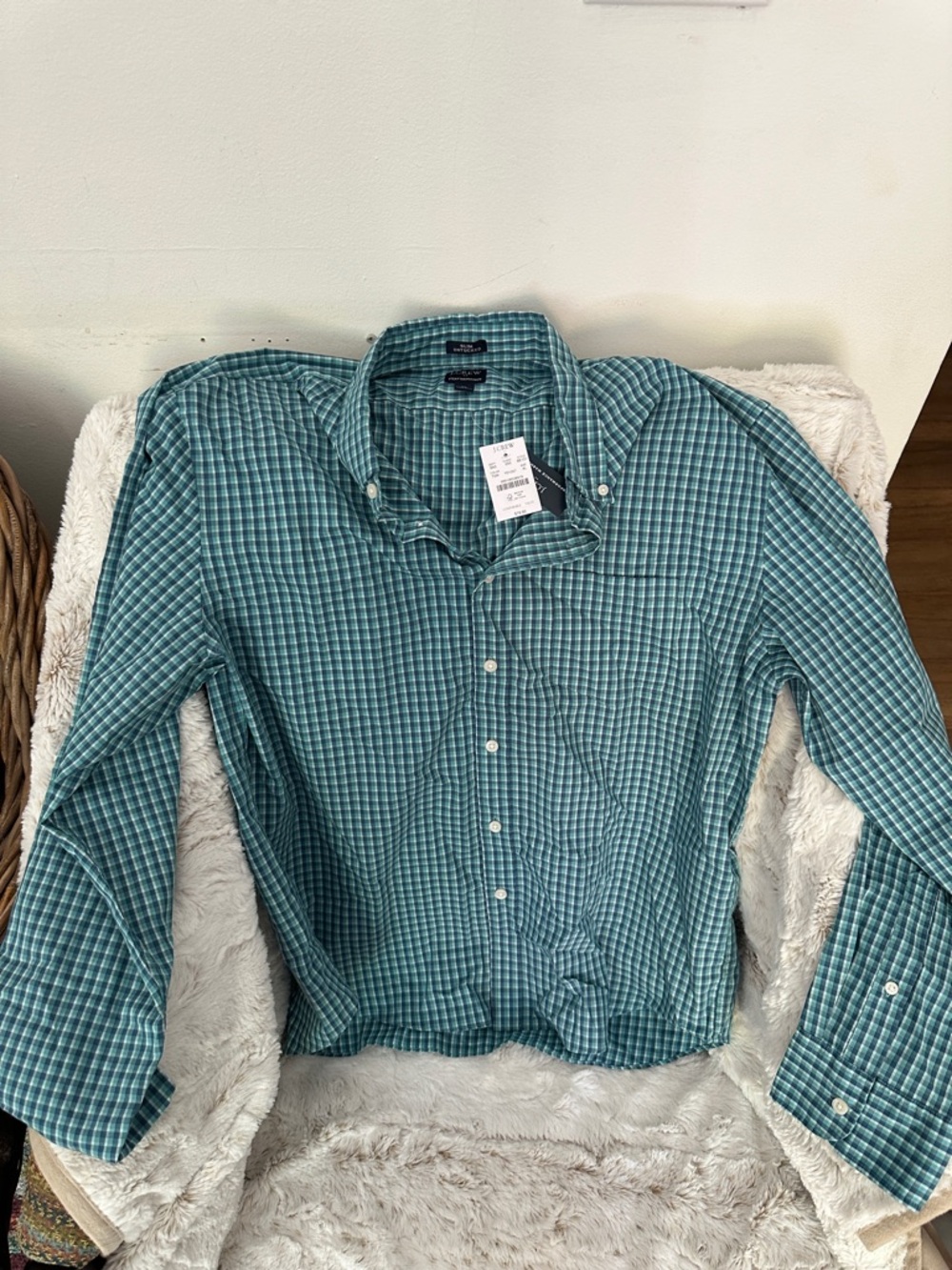 J. Crew Factory Teal and White Checked Button-Down Shirt